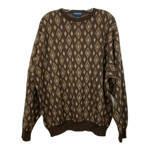 Paul Fredrick‎ Sweater Mens Sz XL Brown Merino Wool Vintage Cosby Diamond Print